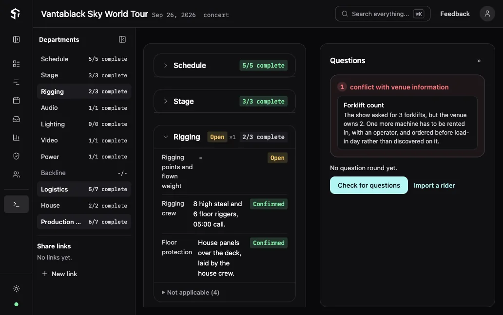 A Spike advance record for a fictional arena show. Rigging is open, and the questions pane flags one conflict with venue information: the show asked for three forklifts and the venue owns two.